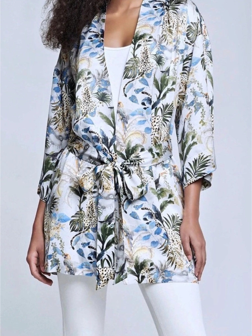 L'AGENCE Hayden Kimono Jacket in Grey Green Animal Palm size XXS
